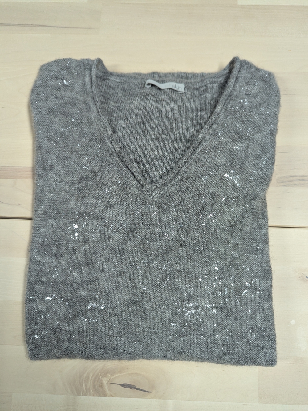 Skin Gray V-Neck Alpaca Blend Sweater with Sparkling Accents